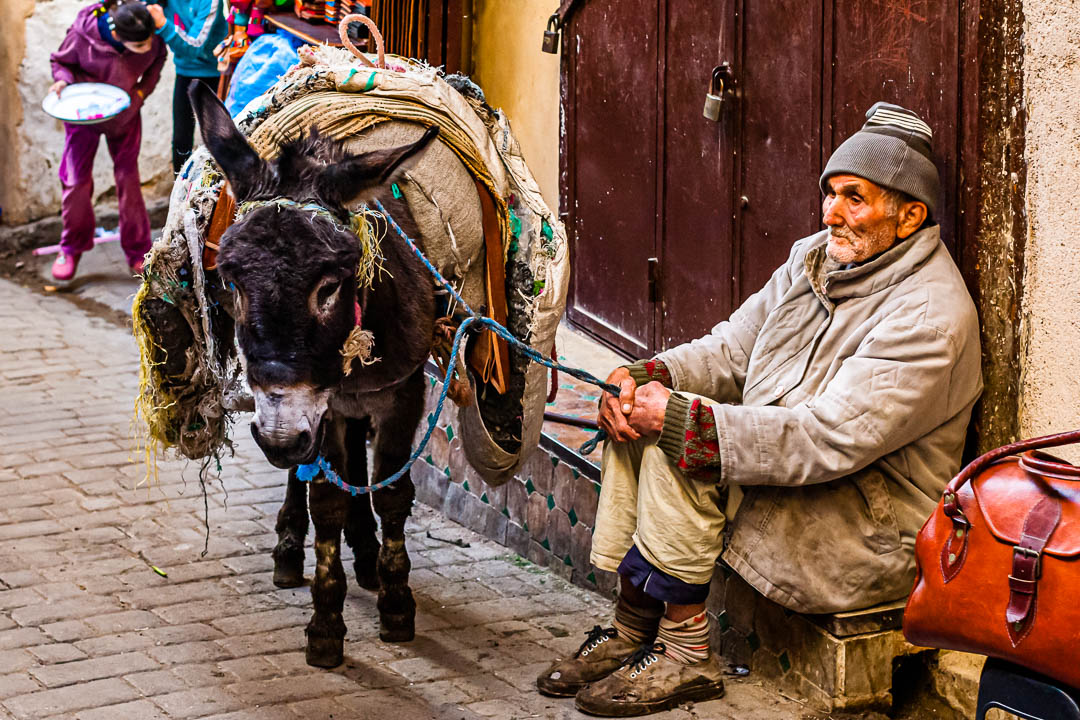 Old man sitting on Fès street, holding his donkey / © Foto: Georg Berg